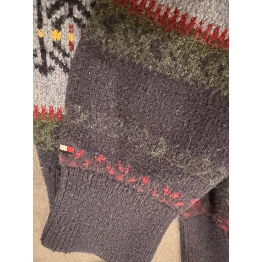 Tommy Hilfiger Men's Fair Isle Knit Sweater L Blue Mock‎ Neck Button Pullover